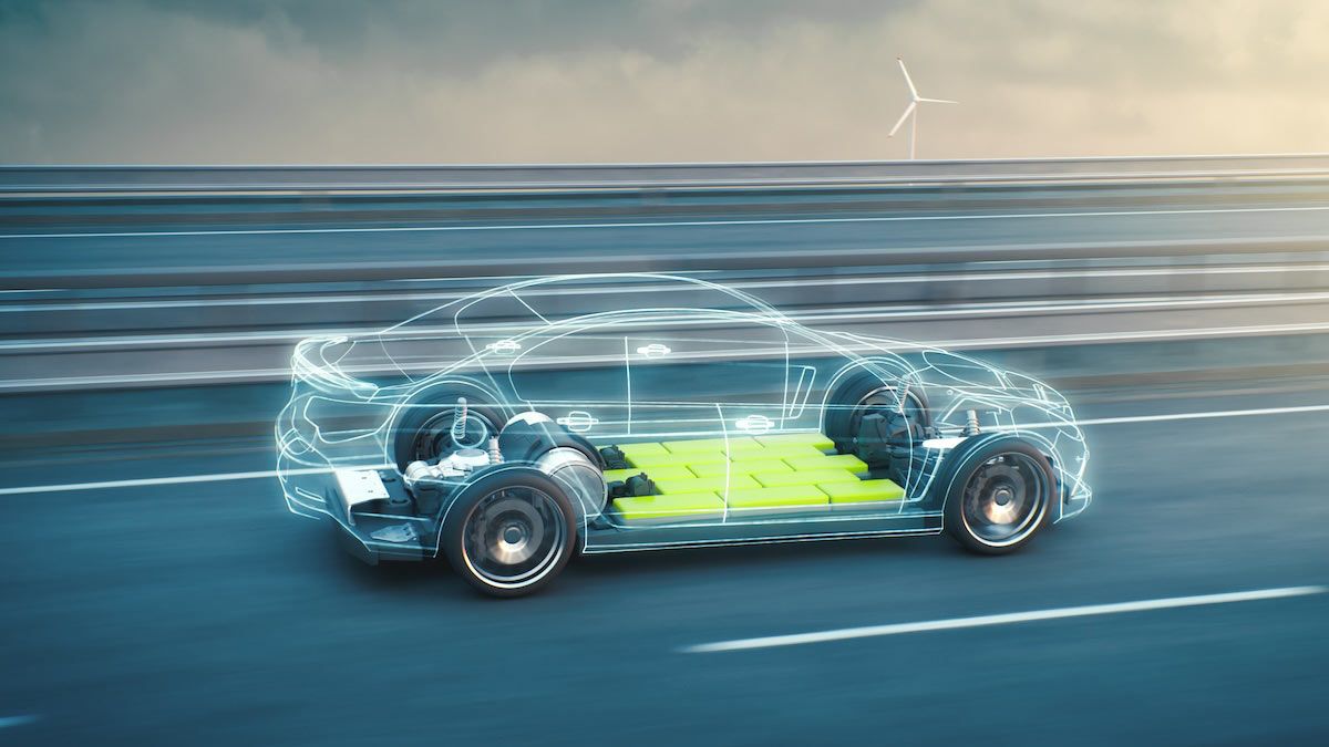 A simulated diagram of an EV car engine transferring power from the battery to the motor and then to the wheels.